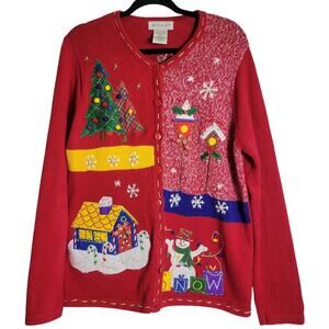 White Stag Christmas Sweater Cardigan Vintage Womens XL Holiday Ugly Snowman Red